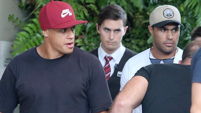 Dane Gagai and Justin O’Neill arrive in Brisbane yesterday to join Maroons camp. Picture: Jono Searle.