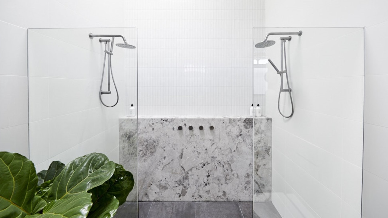 Their double shower had a marble feature to complete its luxury look. Picture: The Block