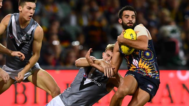 Wayne Milera takes on Dougal Howard of Port Adelaide in July’s Showdown. Picture: Mark Brake/Getty Images