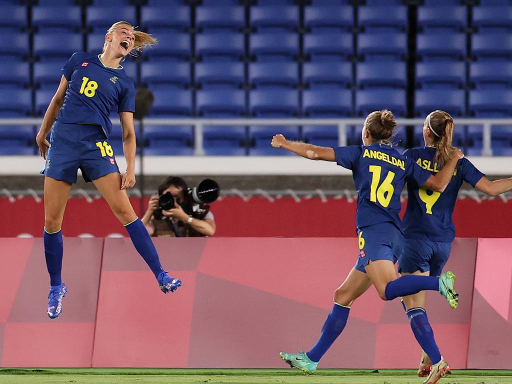 Fridolina Rolfo celebrates after scoring the opener. (Photo by David Ramos/Getty Images)