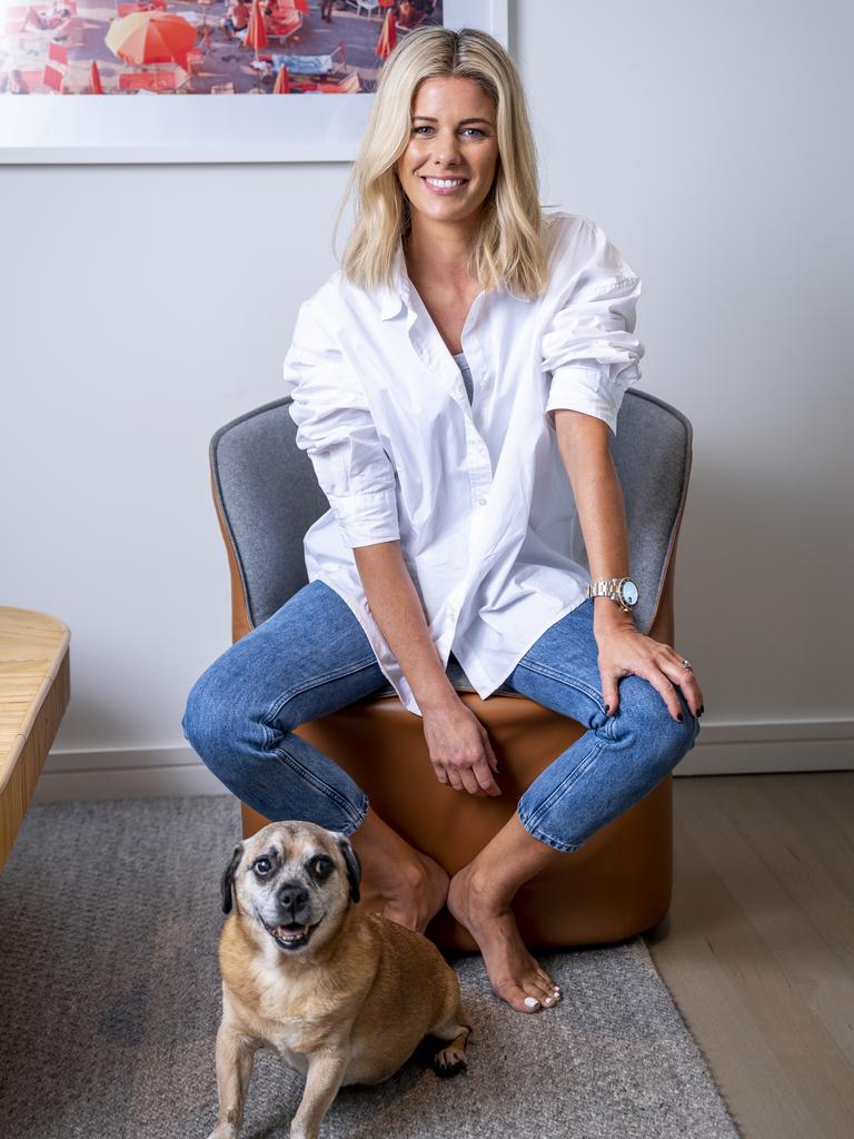 Foxtel Sports’ host Lara Pitt with her puggle Max. Picture: Darren Leigh Roberts