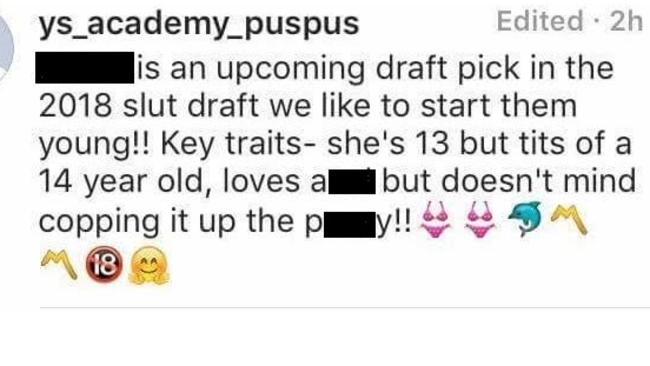 One of the disgusting posts to the ‘Young Sluts’ Instagram account.
