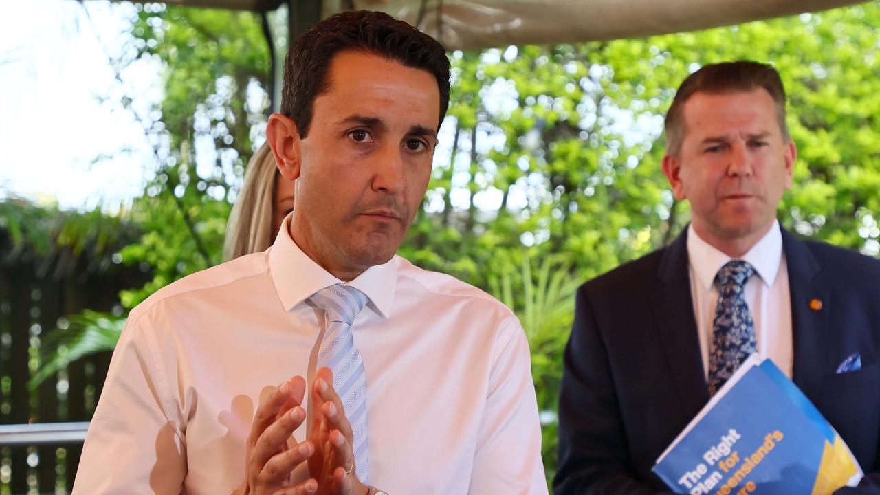 Opposition Leader David Crisafulli speaks to the media during a visit to the Walloon Saloon. Picture: Tertius Pickard