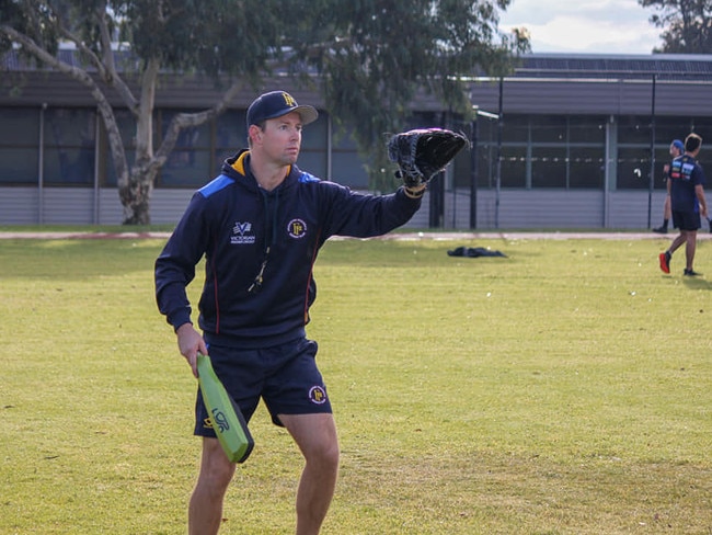 Heat coach Paul Boraston taking fielding drills. Picture: Frankston Peninsula CC