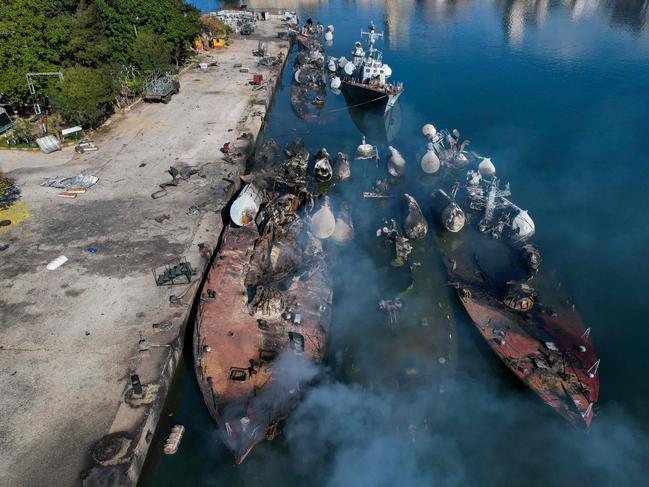 An aerial photo shows Syrian naval ships destroyed during an overnight Israeli attack. Picture: AFP