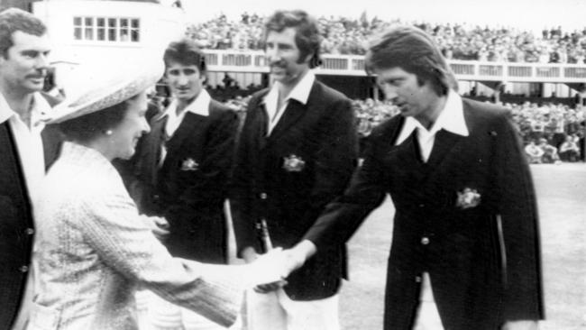 Jeff Thomson shakes the hand of Queen Elizabeth II at Trent Bridge. Greg Chappell is on the far left. Picture: AP