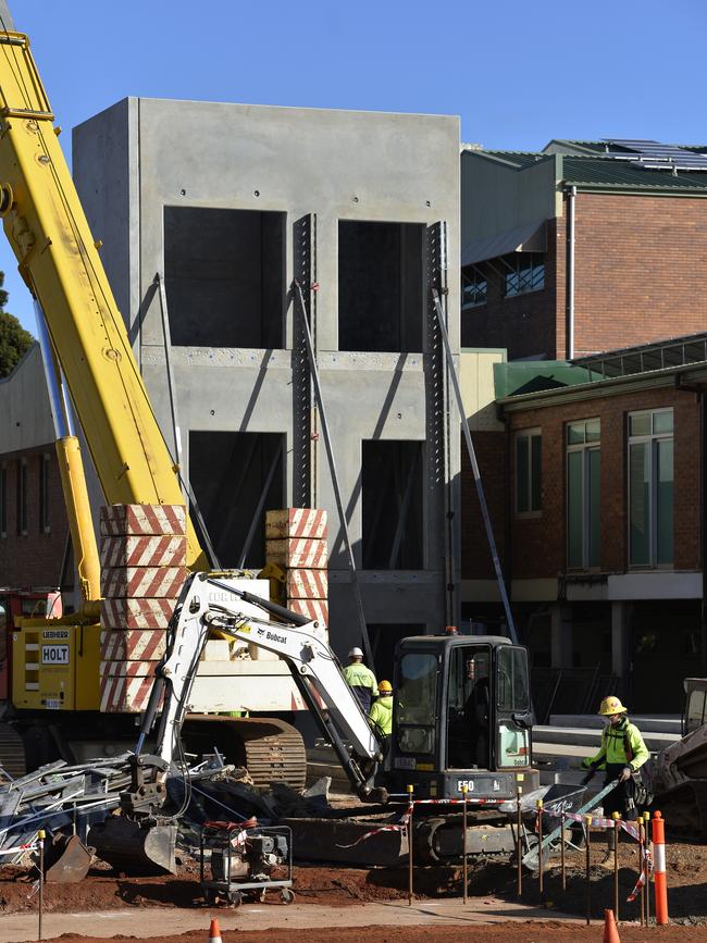 Construction workers at the site of the new emergency department at St Vincent's Private Hospital in Toowoomba. Picture: Kevin Farmer