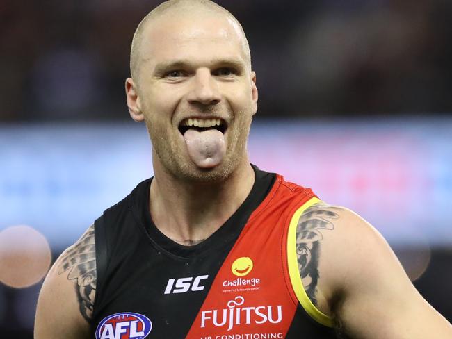 Jake Stringer of the Bombers celebrates after kicking a goal during the Round 15 AFL match between the Essendon Bombers and the North Melbourne Kangaroos at Etihad Stadium in Melbourne, Sunday, July 1, 2018. (AAP Image/David Crosling) NO ARCHIVING, EDITORIAL USE ONLY