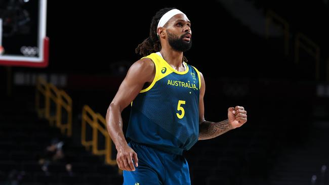 Patty Mills fist pumps during the bronze medal playoff against Slovenia. Picture: Adam Head