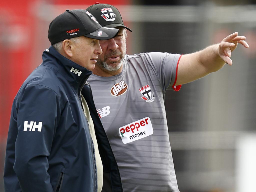 St Kilda coach Brett Ratten with former Melbourne Victory A-League mentor Ernie Merrick. Picture: Getty Images