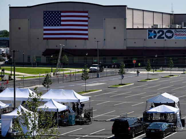 Media tents in a Delaware carpark outside the apparent scene of the 2020 Democratic National Convention. Not a balloon in sight. Picture: AFP