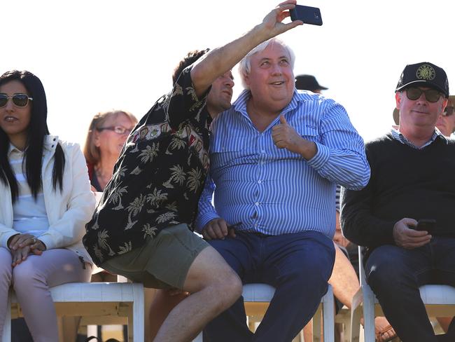 Federal member Clive Palmer and PUP head ,has a selfie taken, while watching an Elvis impersonator Dean Vegas at his Fairfax Festival Weekend at the Palmer Coolum resort , Coolum , Sunshine Coast