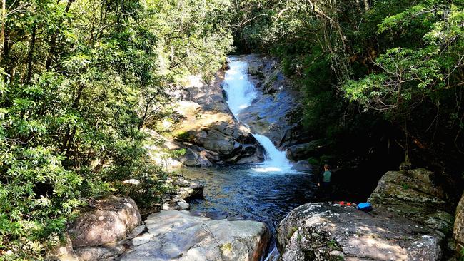 Sean Dromey taking a break at a waterfall during his wanderings around Mount Bellenden Ker in Wooroonooran National Park.