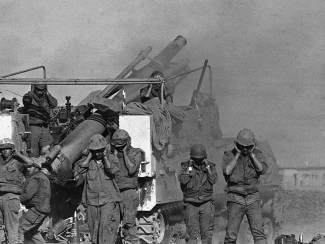 An Israeli artillery position on the Syrian front lines during Yom Kippur War. Picture: News Corp