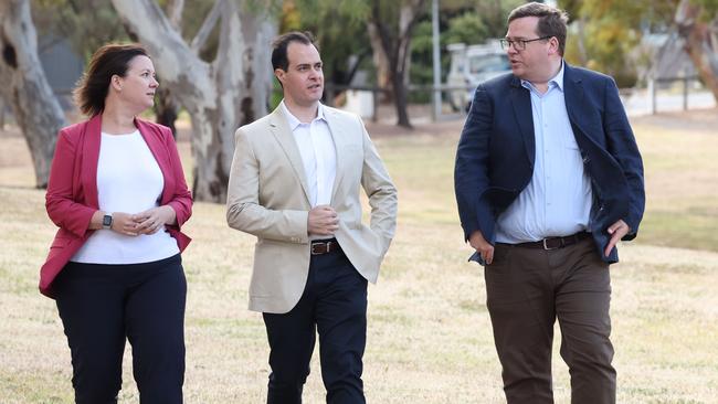 Leader of the Opposition Vincent Tarzia after the Black By-election loss with Heidi Girolamo MLC and John Gardner MP at Pavana Reserve, Hallett Cove. Picture: Russell Millard Photography