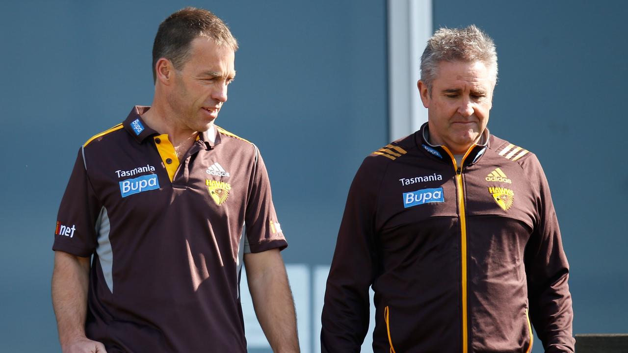 Former Hawks coach Alastair Clarkson with assistant Chris Fagan back in 2014. Picture: Michael Willson