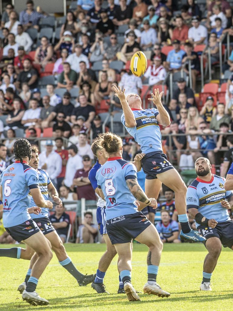 Mitch Watson takes a high ball for Clydesdales. Western Clydesdales vs Canterbury-Bankstown Bulldogs rugby league trial. Saturday, February 4, 2023. Picture: Nev Madsen.