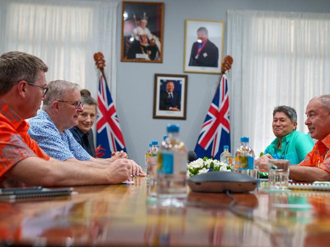 Anthony Albanese meeting with Prime Minister Natano of Tuvalu, President Maamau of Kiribati, and Prime Minister Brown of Cook Islands, in the Cook Islands. Picture: @Albo MP/X