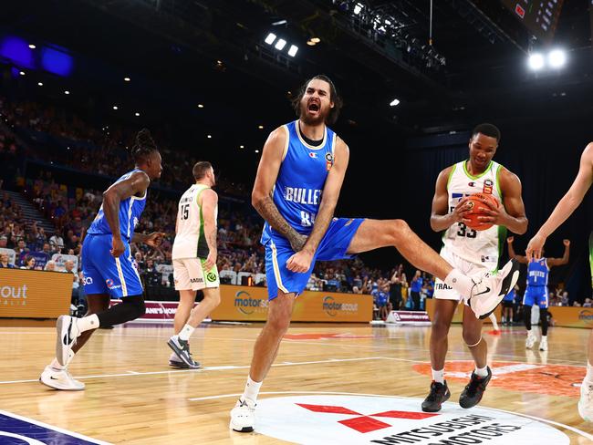 Tyrell Harrisson celebrates after a dunk in the Bullets’ comeback win. Picture: Getty