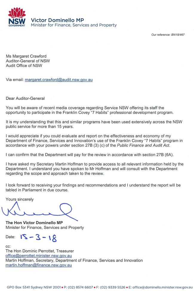 A copy of Mr Dominello’s letter to the Auditor-General.