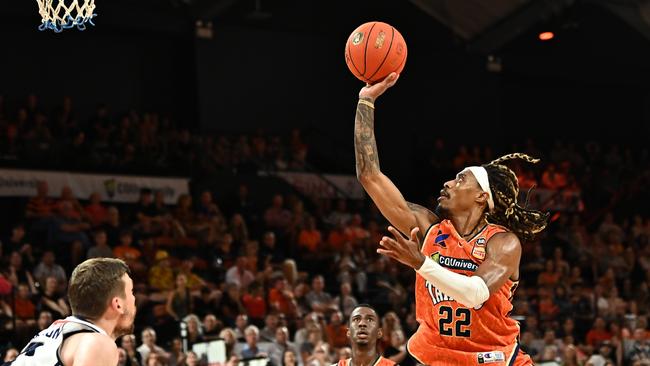 CAIRNS, AUSTRALIA – DECEMBER 31: Tahjere McCall of the Taipans goes to the basket 2during the round 13 NBL match between Cairns Taipans and Adelaide 36ers at Cairns Convention Centre, on December 31, 2022, in Cairns, Australia. (Photo by Emily Barker/Getty Images)