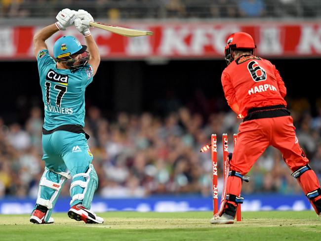 A.B. de Villiers of the Heat is clean bowled for two by Cameron Boyce of the Renegades. Picture: AAP Image/Darren England