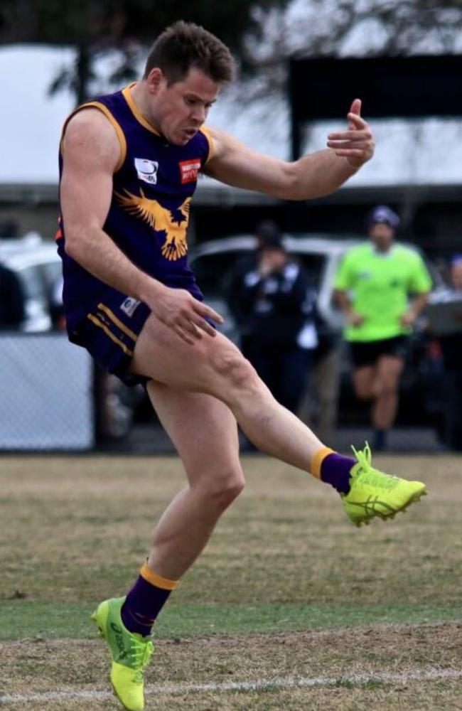 Vermont forward Jake Best kicks for goal. Picture: Davis Harrigan