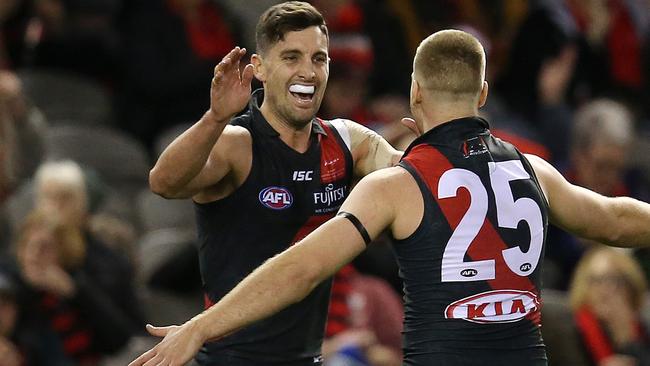 David Myers celebrates a goal with Jake Stringer. Picture: Michael Klein