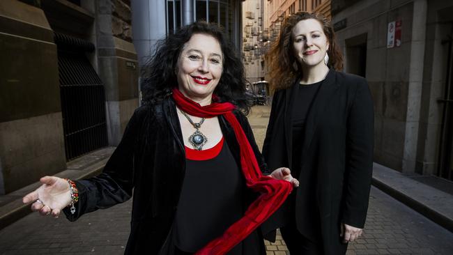 Composer Elena Kats-Chernin, left, and pianist Tamara Anna Cislowska near Sydney’s City Recital Hall. Picture: Hollie Adams.