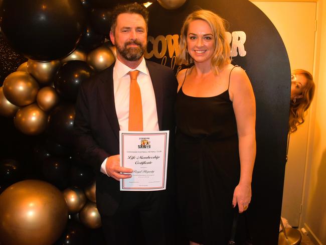 Boyd Hegarty and Andrea Hegarty having a great night at the Cowwarr Saints Football &amp; Netball Club Golden Gala Ball 2024. Picture: Jack Colantuono