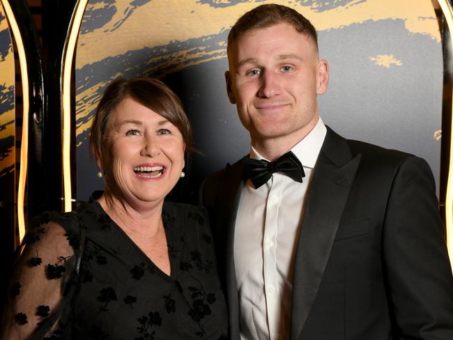 September 29, 2022: Red carpet from the Adelaide Crows Club Championship at the Adelaide Convention Centre - Rory Laird with his mum Mel Foote. Picture: Naomi Jellicoe