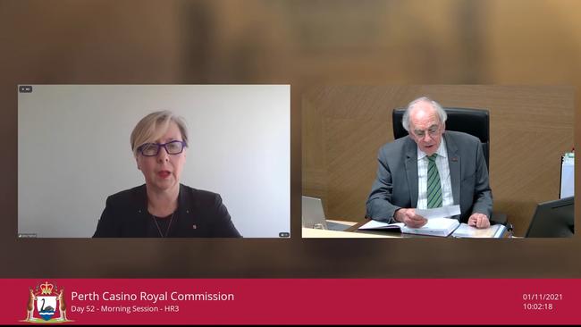 Interim Crown Resorts chair Jane Halton giving evidence to Western Australia's Royal Commission into the group’s Perth casino.