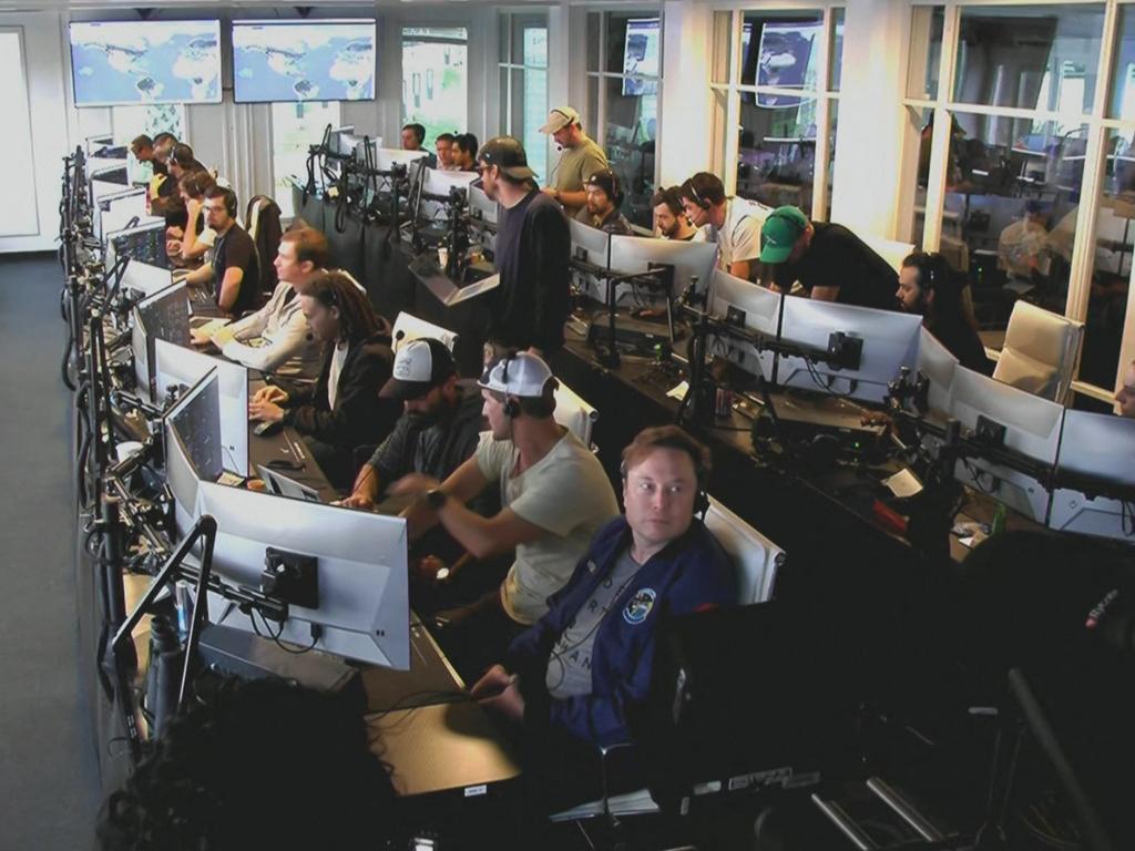 Elon Musk watches from inside the control room. Picture: SpaceX/AFP