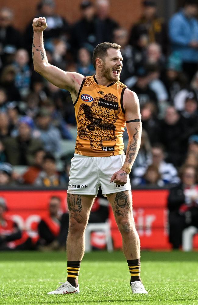 Blake Hardwick of the Hawks celebrates one of his five goals. Picture: Mark Brake/Getty Images.