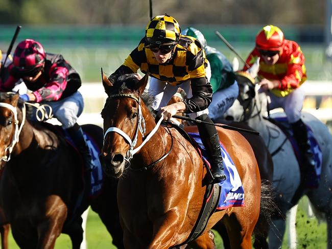 SYDNEY, AUSTRALIA - AUGUST 24: James McDonald riding Joliestar wins Race 7 Hyland Race Colours Show County Quality during Winx Stakes Day - Sydney Racing at Royal Randwick Racecourse on August 24, 2024 in Sydney, Australia. (Photo by Jeremy Ng/Getty Images)