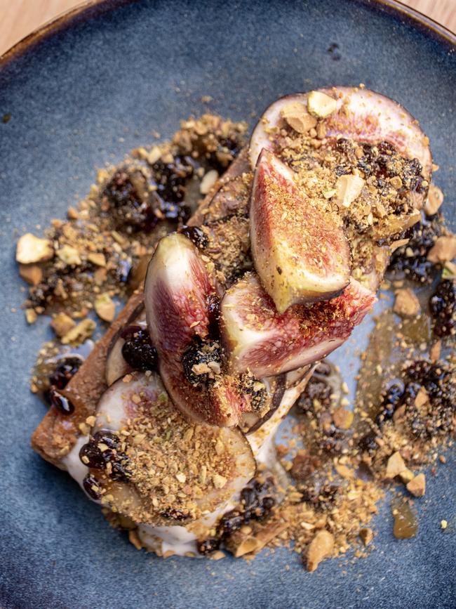 Pistachio ice-cream terrine, figs, barberry syrup at Peel St Restaurant.