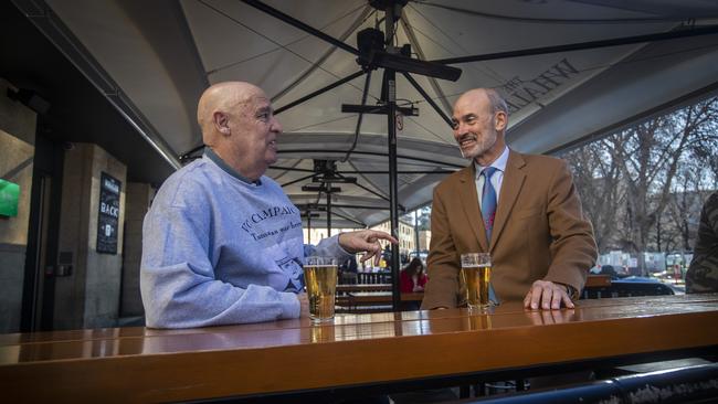 Tasmanian MP Guy Barnett (right) with Garry Ivory, nephew of Teddy Sheean, who has been recommended by the Prime Minister to be awarded a posthumous Victoria Cross. Both of them celebrating at The Whaler in Salamanca Place, Hobart. Picture: LUKE BOWDEN