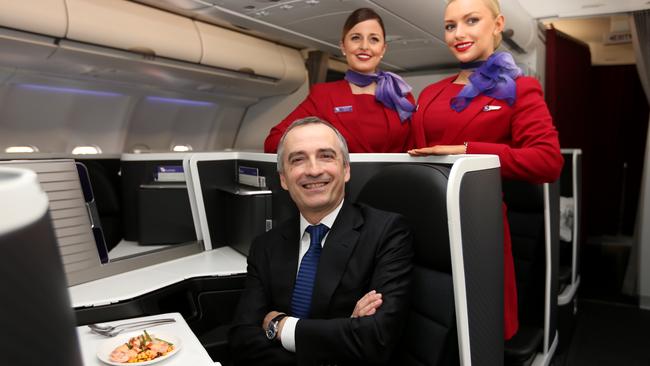 Happier times. John Borghetti CEO from Virgin Australia unveiling new standard in domestic business class flying on board A330s. Picture: Adam Taylor