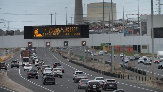 There were delays of up to three hours on the West Gate Bridge after Boxing Day due to roadworks. Picture: Tony Gough