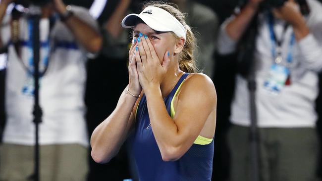 Caroline Wozniacki reacts to her win. Picture: Michael Klein