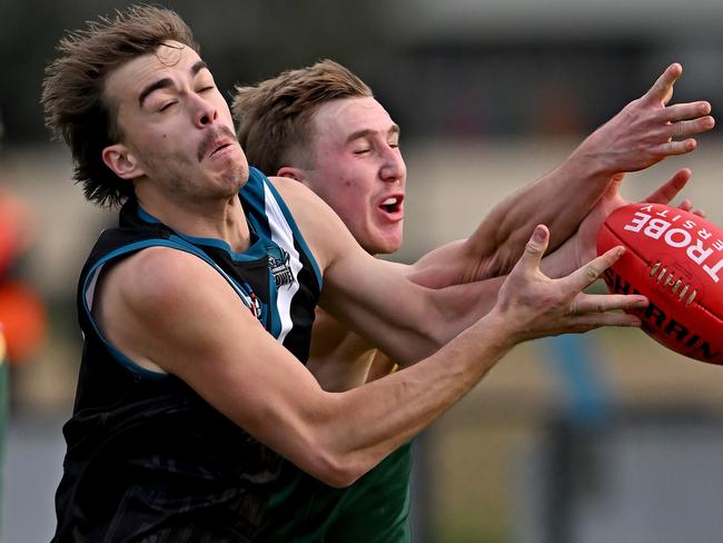 LaurimarÃs Ethan Bateman and Old Eltham CollegiansÃ Sebastian Francis-Perkins during the NFL football match between Laurimar and Old Eltham Collegians in Doreen, Saturday, July 2, 2022. Picture: Andy Brownbill