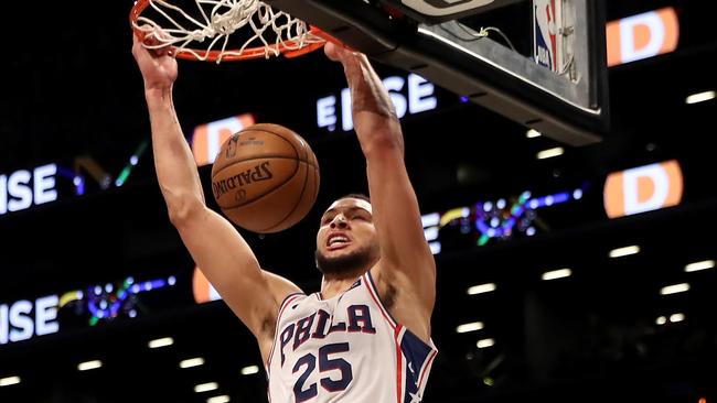 Ben Simmons slams one home for the Philadelphia 76ers against the Brooklyn Nets at the Barclays Center in New York City. Picture: AFP