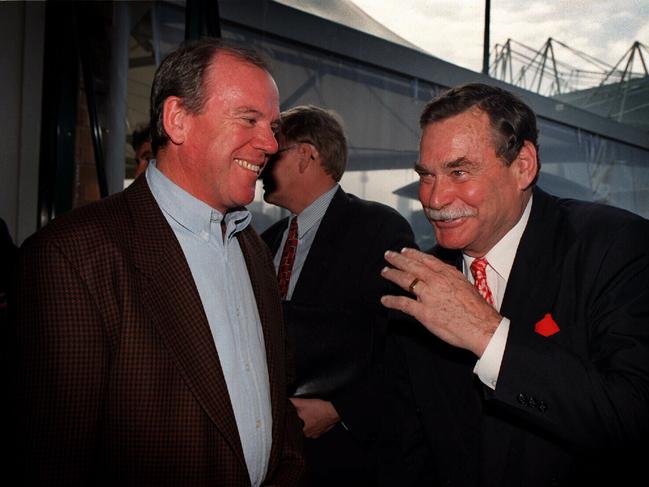 Former Sydney Swans Ron Barassi with Mike Willesee after his press conference  in 1995. Picture: Chris Pavlich 