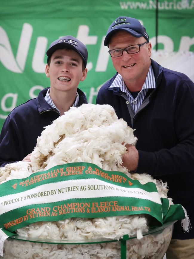 Paul Pittman and 17yo son Bateson from Glenburnie Merino and Poll Merino stud at Walcha, NSW, winner of the Nutrien Australian Fleece competition 2024. Picture: Zoe Phillips