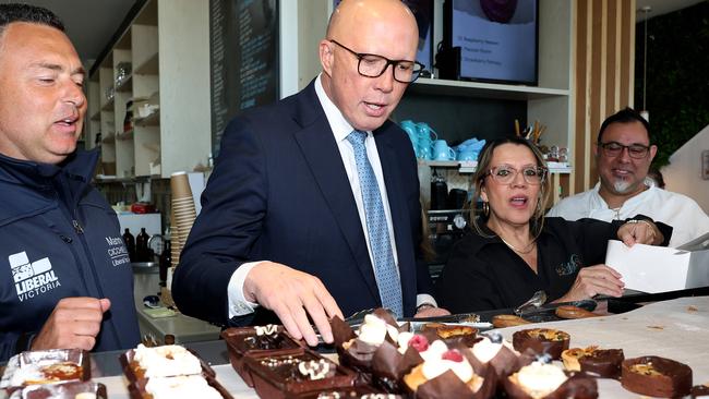 Peter Dutton visited small business Montano’s Patisserie Cafe in the Melbourne seat of Aston that the Liberals want to win back. Picture: Adam Head / NewsWire
