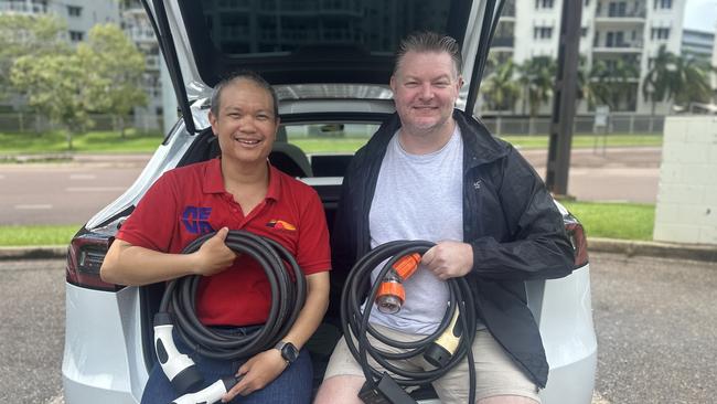 Joe Chin and Ricky K — sat in the back of a Tesla — have sparked a podcast talking all things electric vehicles in the Northern Territory. Picture: Sam Lowe