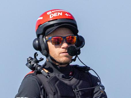 Nathan Outteridge, interim driver of ROCKWOOL Denmark SailGP Team, in action on Race Day 2 of the Mubadala Abu Dhabi Sail Grand Prix presented by Abu Dhabi Sports Council in Abu Dhabi, United Arab Emirates. 14th January 2024. Photo: Felix Diemer for SailGP. Handout image supplied by SailGP