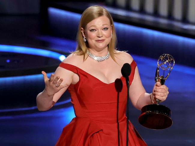 LOS ANGELES, CALIFORNIA - JANUARY 15: Sarah Snook accepts the Outstanding Lead Actress in a Drama Series award for Ã¢â¬ÅSuccessionÃ¢â¬Â onstage during the 75th Primetime Emmy Awards at Peacock Theater on January 15, 2024 in Los Angeles, California. (Photo by Kevin Winter/Getty Images)