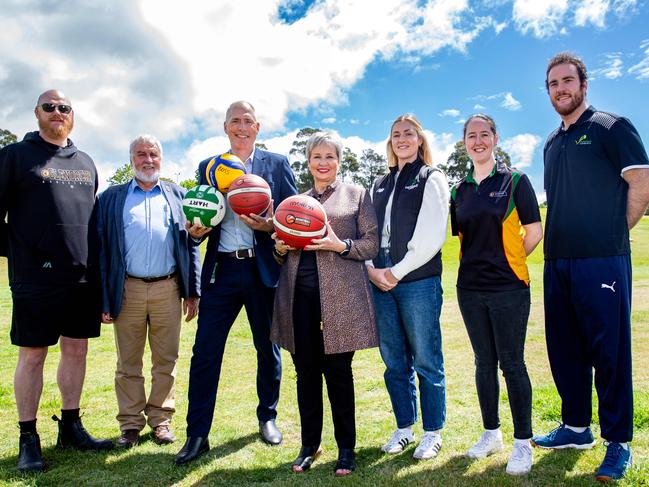 President of Basketball Glenorchy Sam Button, Football Tasmania President Bob Gordon, Sports and Events minister Nick Duigan, Glenorchy Mayor Sue Hickey, Elise Devereaux from Netball Tasmania, Marnie Stephenson from Basketball Tasmania and Kai Ibbotson from Volleyball Tasmania at the site of the new Glenorchy Sports Centre. Picture: Linda Higginson