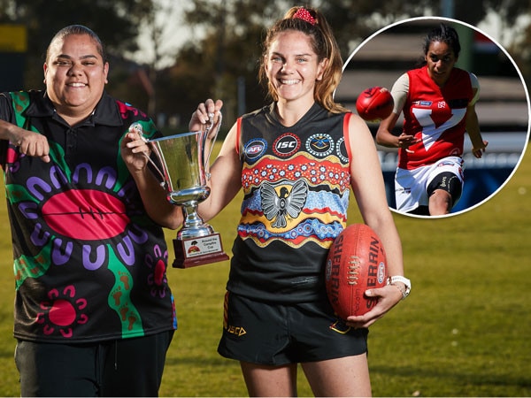 Captains Crystal Sumner from the Aboriginal All-Stars and Rhiannon Busch from the ADF Guyala ahead of the Campfire Cup. Inset: Maggie Varcoe Picture: Matt Loxton